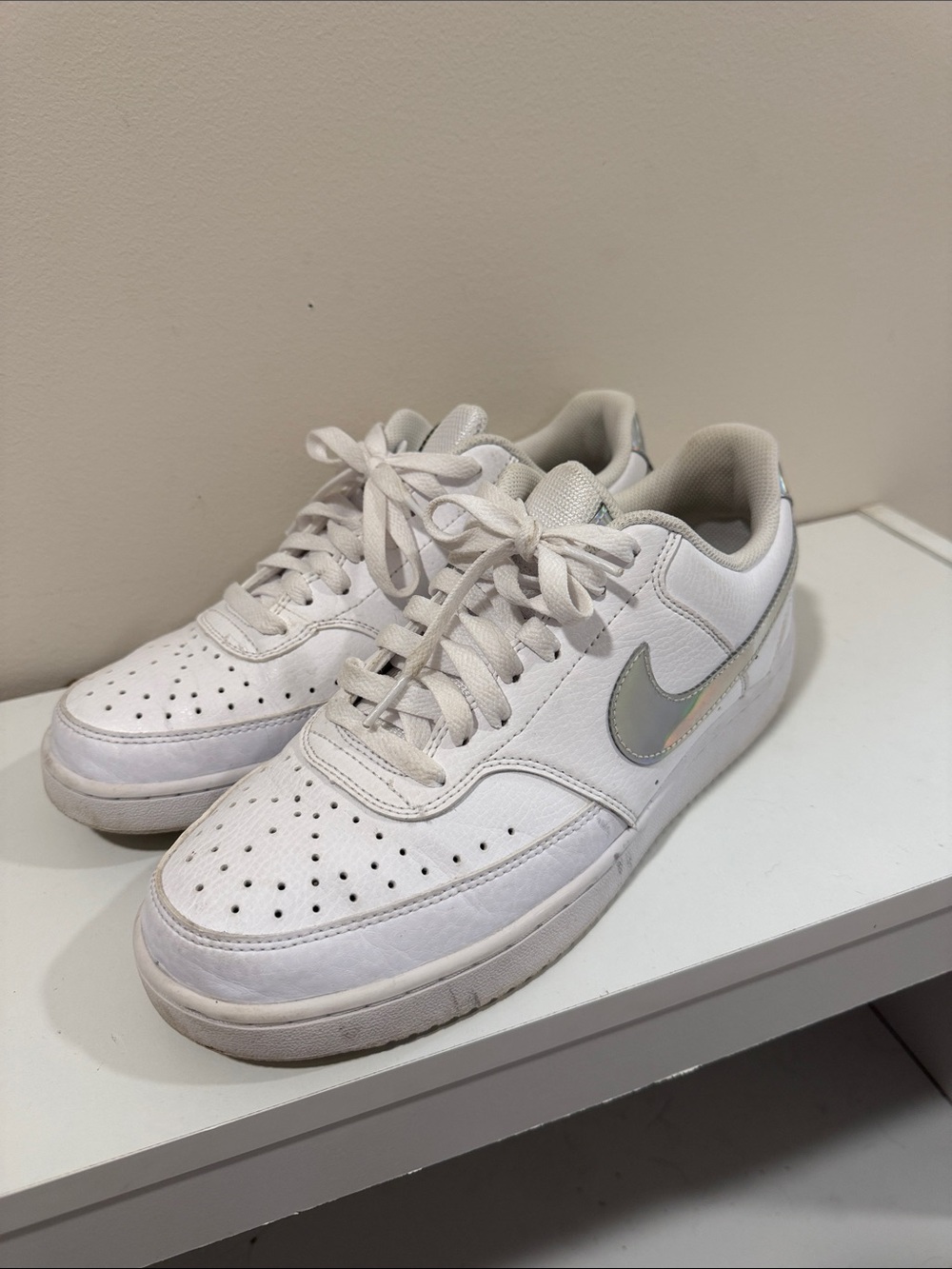 Nike White Low-Top Sneakers with Iridescent Swoosh